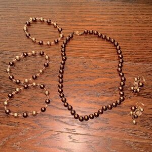 Rose Gold Beaded Necklace, Bracelets and dangle Earrings EUC